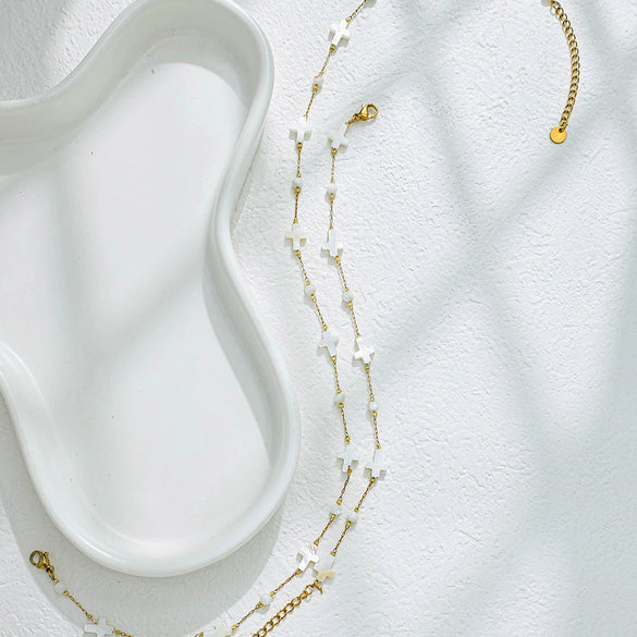 Shell String Beads Stainless Steel Chain Jewelry Set With Geometric Style And Electroplating Process