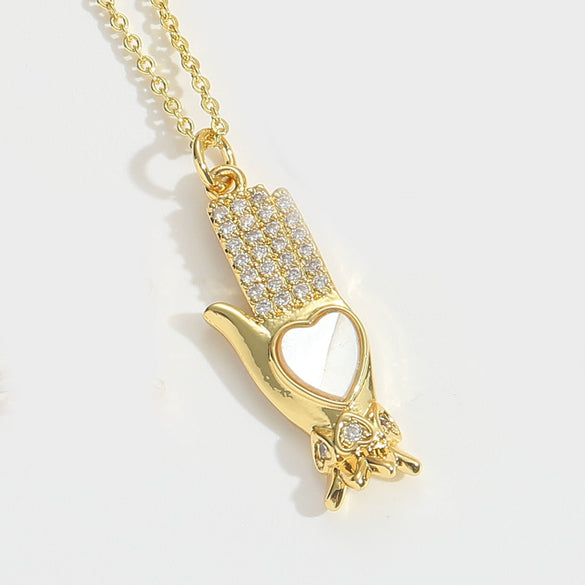 Shell Zircon Inlaid Disc Tigershaped Pendant Necklace Copper Electroplated Mixed Gemstone Setting For Women