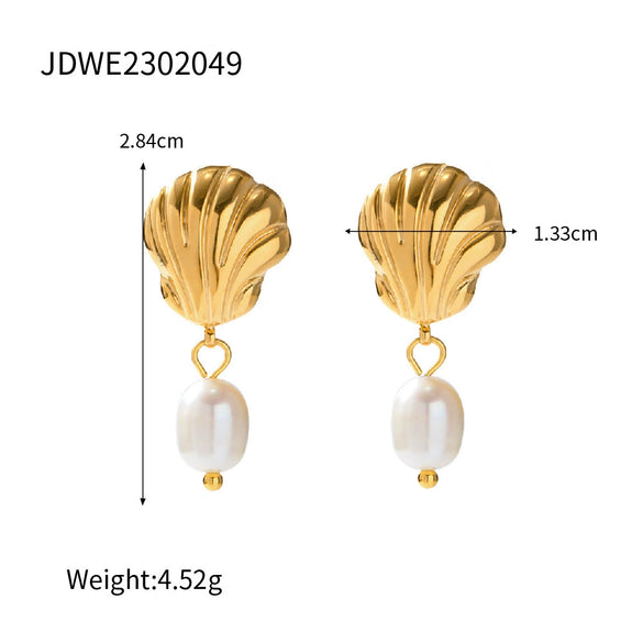 Shellshaped Natural Freshwater Pearl Earrings Stainless Steel Jewelry Electroplated Original Design Minimalist For Women