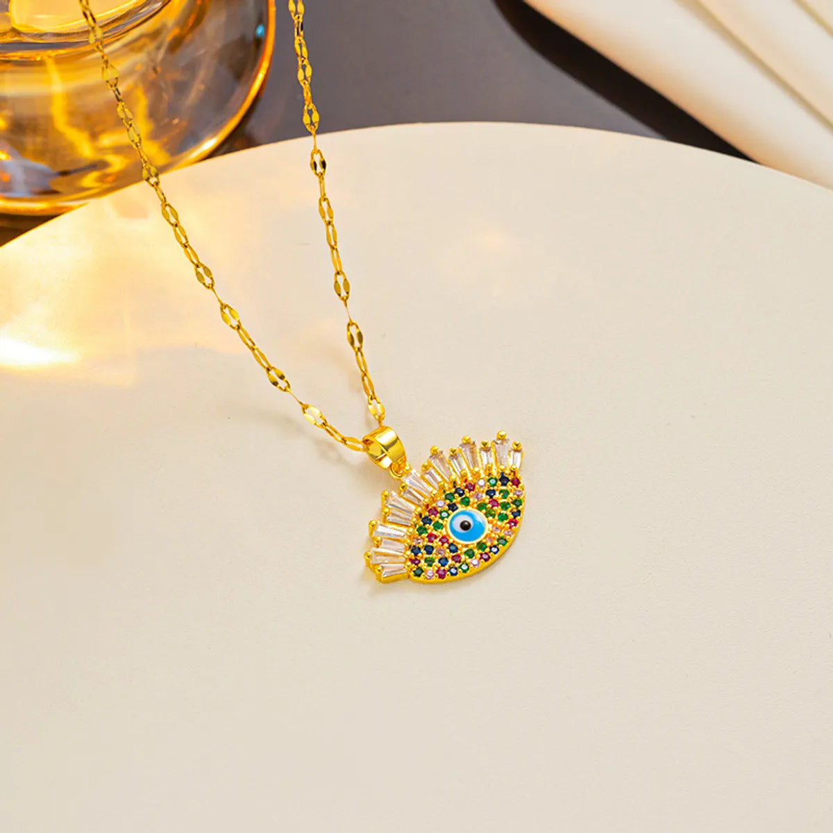 Shiny Eye Stainless Steel Titanium Steel Epoxy Plating Inlay Zircon 18k Gold Plated Pendant Necklace