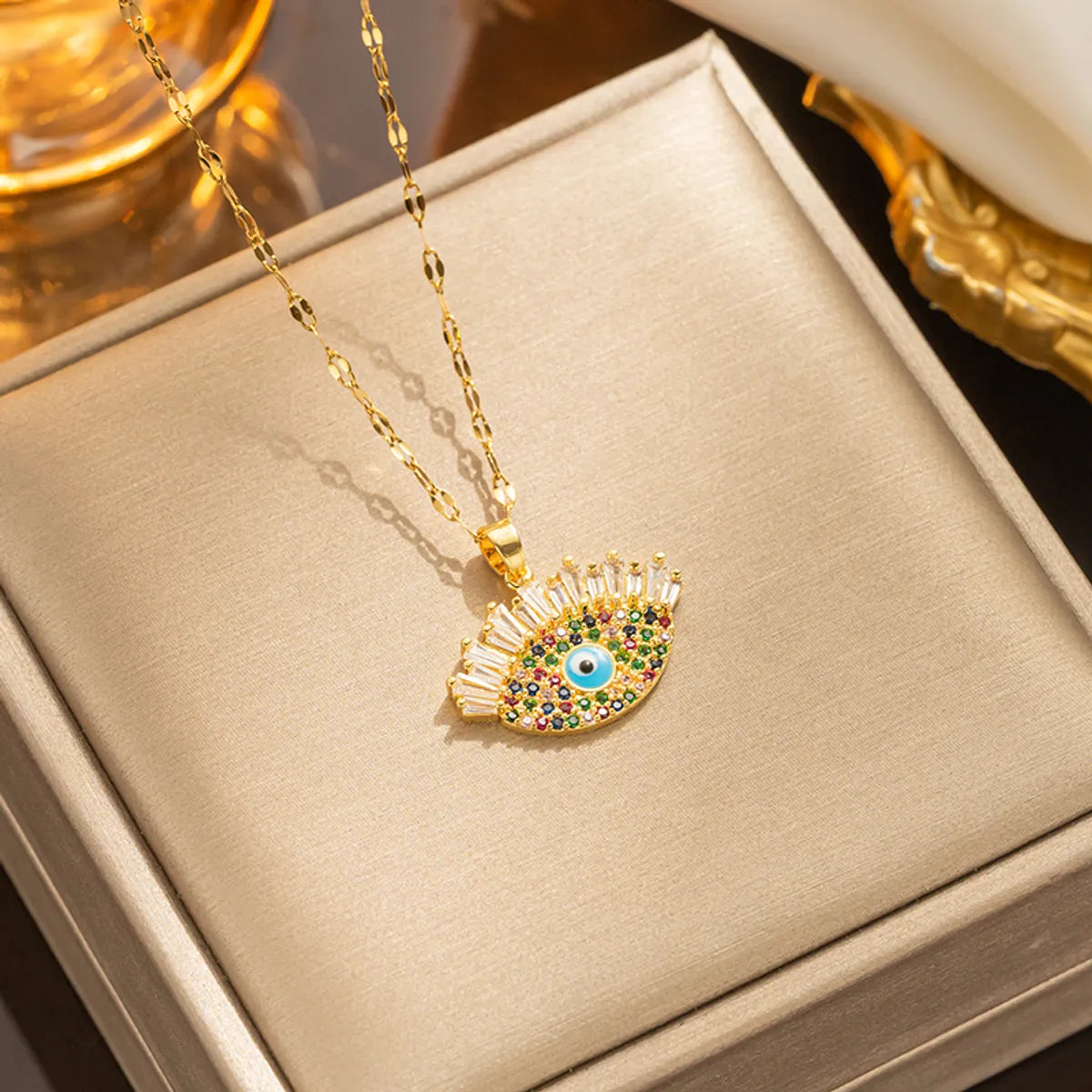 Shiny Eye Stainless Steel Titanium Steel Epoxy Plating Inlay Zircon 18k Gold Plated Pendant Necklace