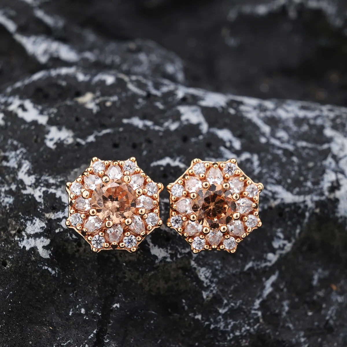 Shiny Flower Brass 18k Gold Plated Rose Gold Plated Zircon Charms Earrings In Bulk