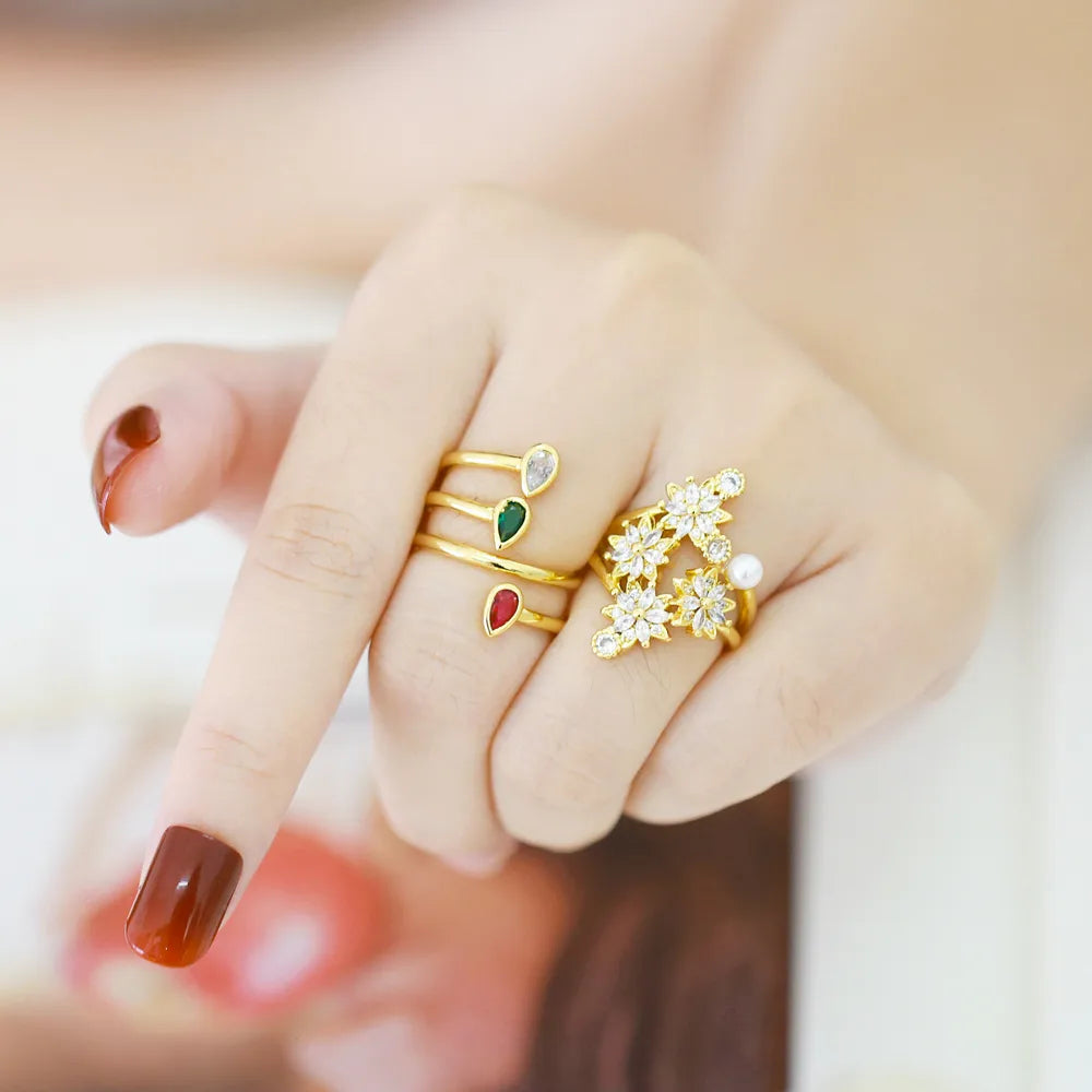 Shiny Flower Copper Plating Inlay Zircon 18k Gold Plated Open Rings