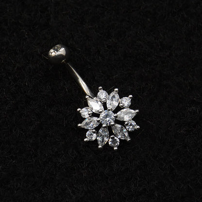 Shiny Flower Stainless Steel White Gold Plated Rhinestones Zircon Belly Ring In Bulk