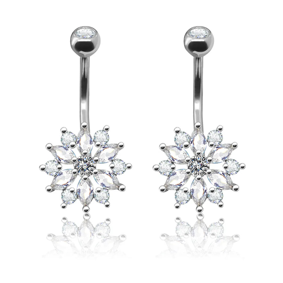 Shiny Flower Stainless Steel White Gold Plated Rhinestones Zircon Belly Ring In Bulk