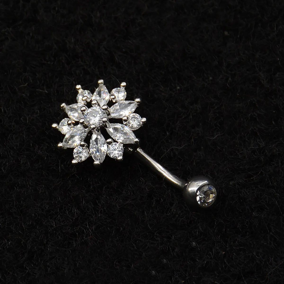 Shiny Flower Stainless Steel White Gold Plated Rhinestones Zircon Belly Ring In Bulk