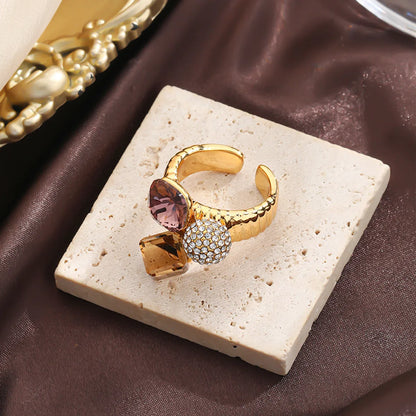 Shiny Geometric Artificial Crystal Copper Inlay Artificial Crystal Rhinestones Zircon Open Rings