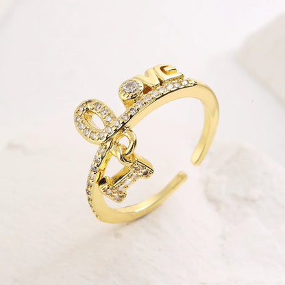 Shiny Heart Shape Lock Copper Plating Inlay Zircon 18k Gold Plated Charm Ring Open Ring