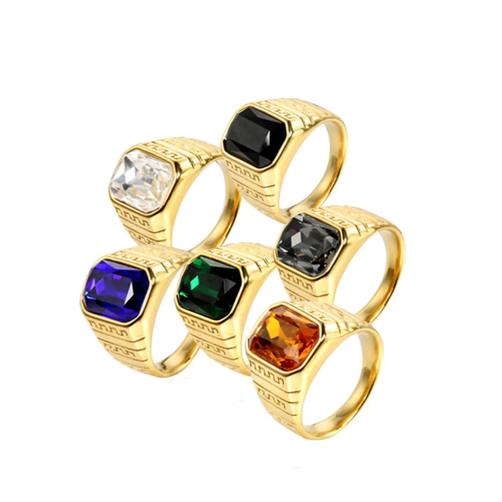 Wholesale Jewelry Shiny Rectangle Stainless Steel Glass Stone 18K Gold Plated Inlay Rings