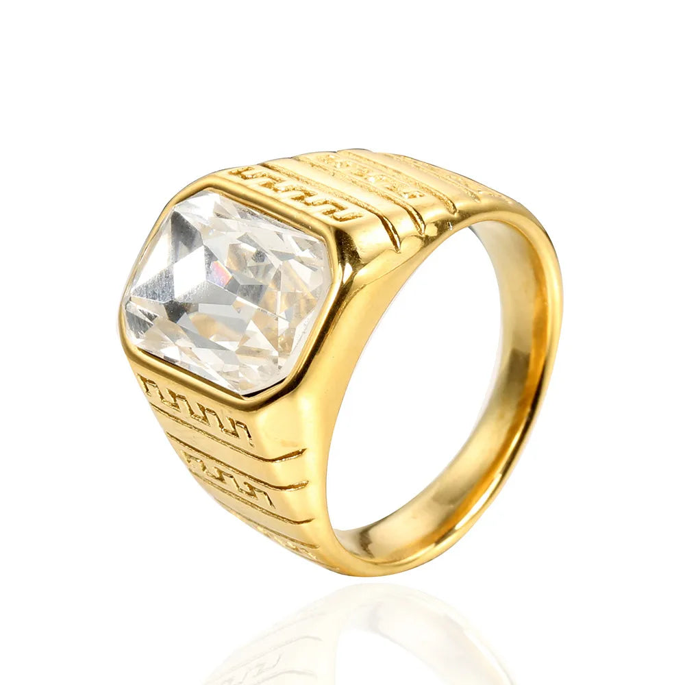 Wholesale Jewelry Shiny Rectangle Stainless Steel Glass Stone 18K Gold Plated Inlay Rings