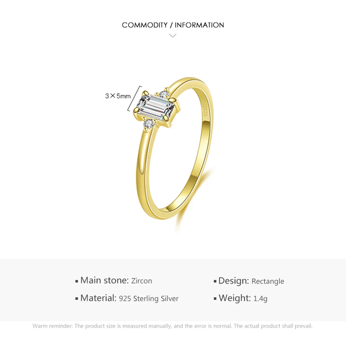 Shiny Rectangle Sterling Silver Plating Inlay Zircon 14k Gold Plated Rhodium Plated Rings