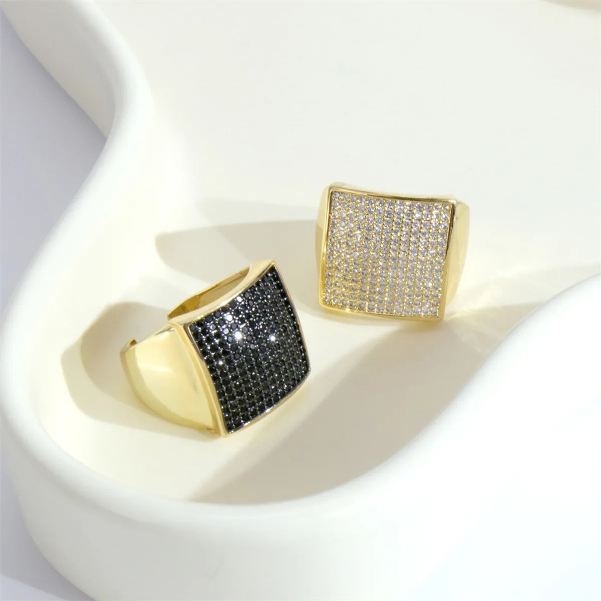 Shiny Square Copper Inlay Zircon Gold Plated Wide Band Ring Open Ring