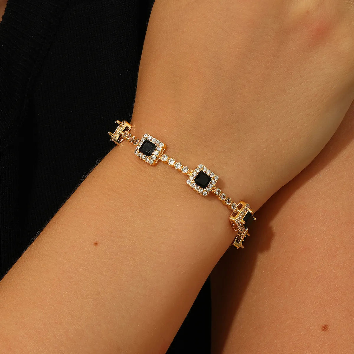 Shiny Square Copper Plating Inlay Zircon 18k Gold Plated Bracelets