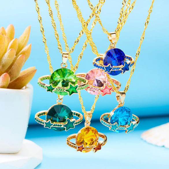 Shiny Star Planet Alloy Plating Inlay Rhinestones Women'S Pendant Necklace