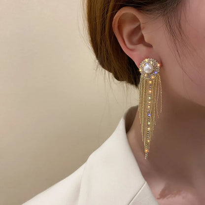 Shiny Tassel Alloy Inlay Rhinestones Pearl Women's Drop Earrings