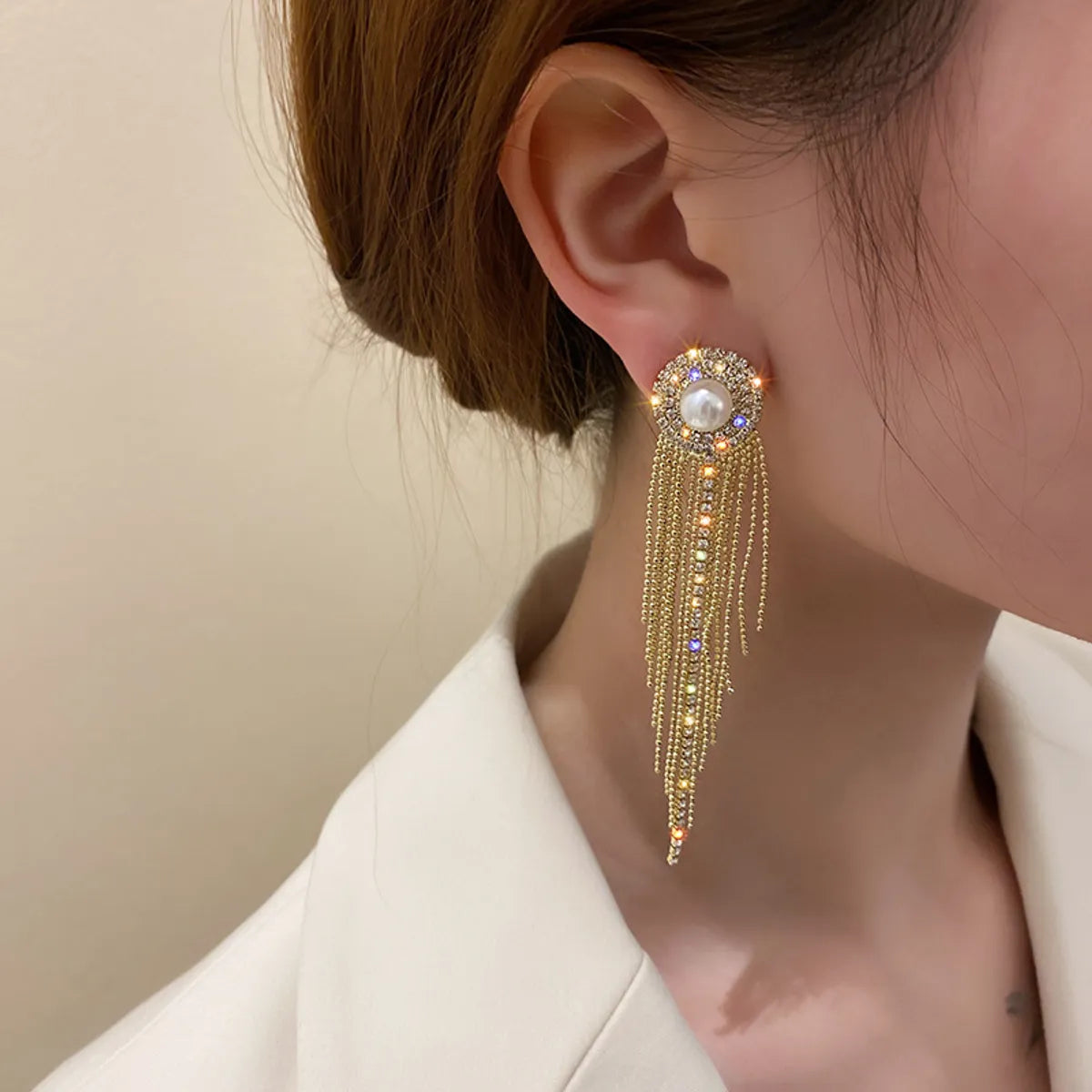 Shiny Tassel Alloy Inlay Rhinestones Pearl Women's Drop Earrings