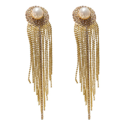 Shiny Tassel Alloy Inlay Rhinestones Pearl Women's Drop Earrings