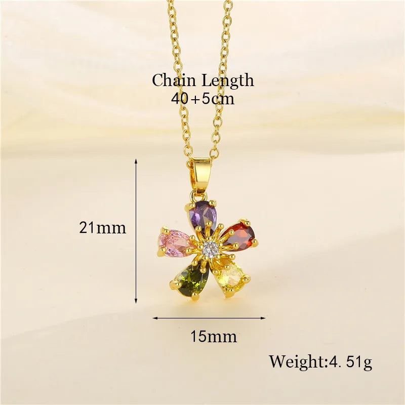 Shiny Tree Water Droplets Flower 201 Stainless Steel Brass Plating Inlay Zircon 18K Gold Plated Women'S Pendant Necklace