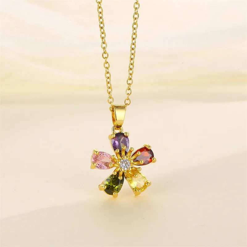 Shiny Tree Water Droplets Flower 201 Stainless Steel Brass Plating Inlay Zircon 18K Gold Plated Women'S Pendant Necklace