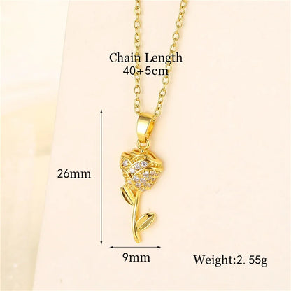 Shiny Tree Water Droplets Flower 201 Stainless Steel Brass Plating Inlay Zircon 18K Gold Plated Women'S Pendant Necklace