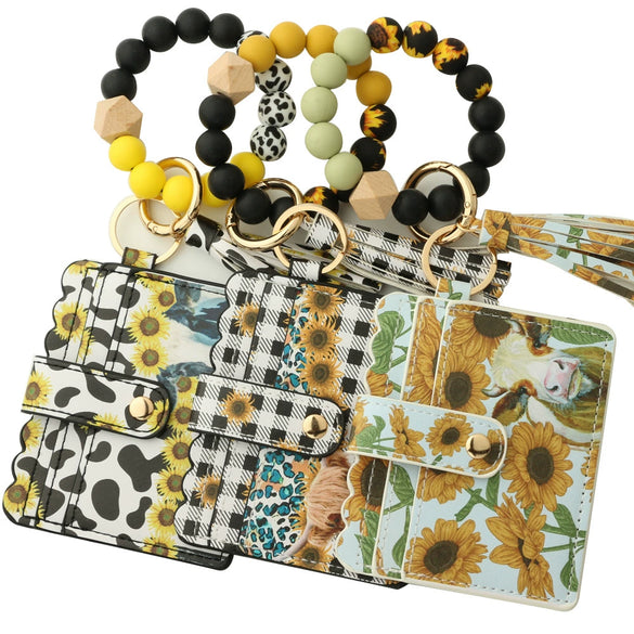 Silicone Bead Card Bag Western Style Cow Tau Sunflower Keychain Bracelet Wallet