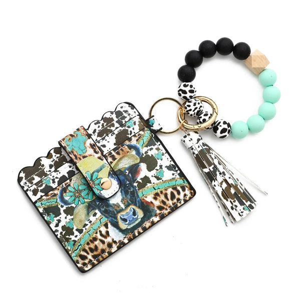 Silicone Bead Card Bag Western Style Cow Tau Sunflower Keychain Bracelet Wallet