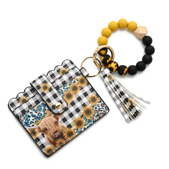 Silicone Bead Card Bag Western Style Cow Tau Sunflower Keychain Bracelet Wallet