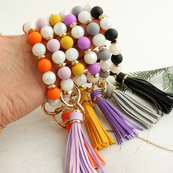 Silicone Bead Handmade Geometric Style Women's Wrist Bracelet With Tassel Pendant And Antilost Wooden Bead