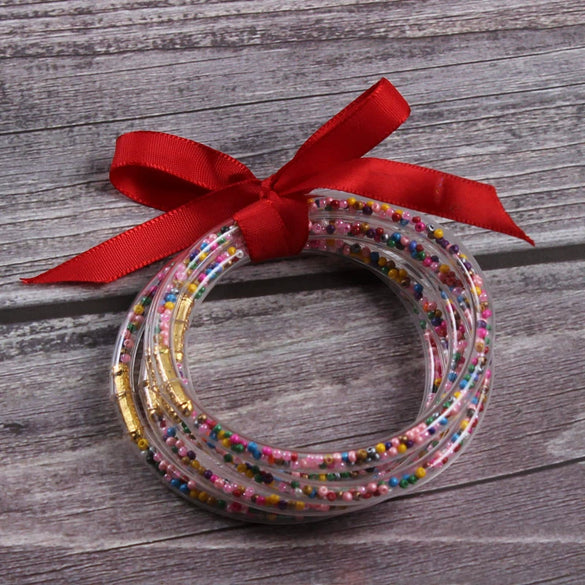 Silicone Five Layer Bracelet With Solid And Mixed Colors And Ribbon Lovely Style Jelly Bangles