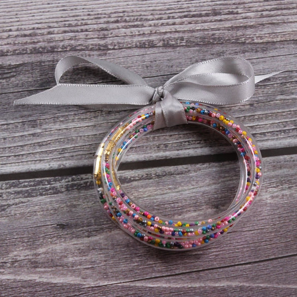 Silicone Five Layer Bracelet With Solid And Mixed Colors And Ribbon Lovely Style Jelly Bangles