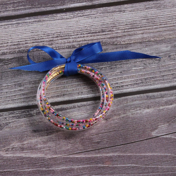 Silicone Five Layer Bracelet With Solid And Mixed Colors And Ribbon Lovely Style Jelly Bangles