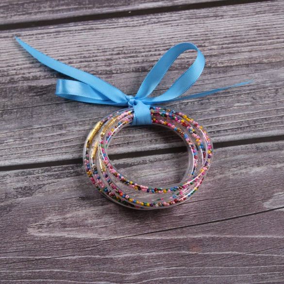 Silicone Five Layer Bracelet With Solid And Mixed Colors And Ribbon Lovely Style Jelly Bangles