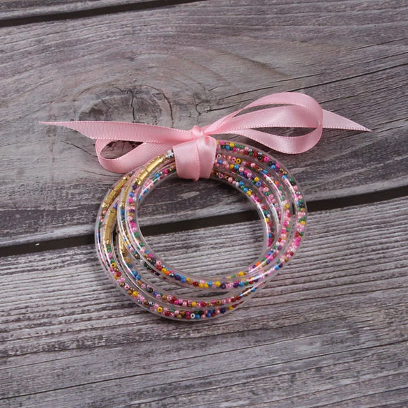 Silicone Five Layer Bracelet With Solid And Mixed Colors And Ribbon Lovely Style Jelly Bangles