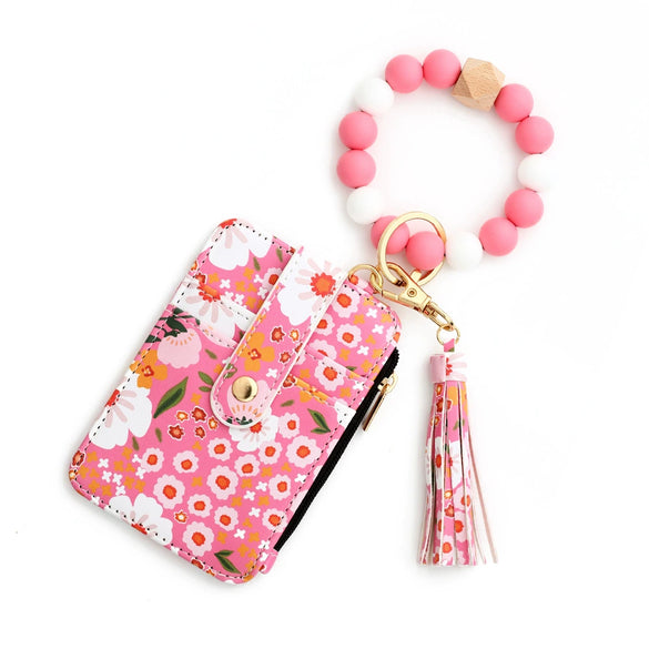 Silicone Id Bag Folding Card Bag Leather Wallet Keychain With Floral Pattern Modern Simplicity Style