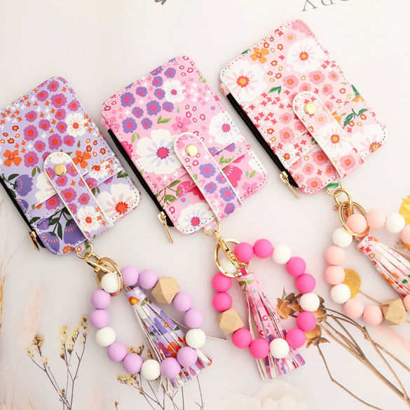 Silicone Id Bag Folding Card Bag Leather Wallet Keychain With Floral Pattern Modern Simplicity Style