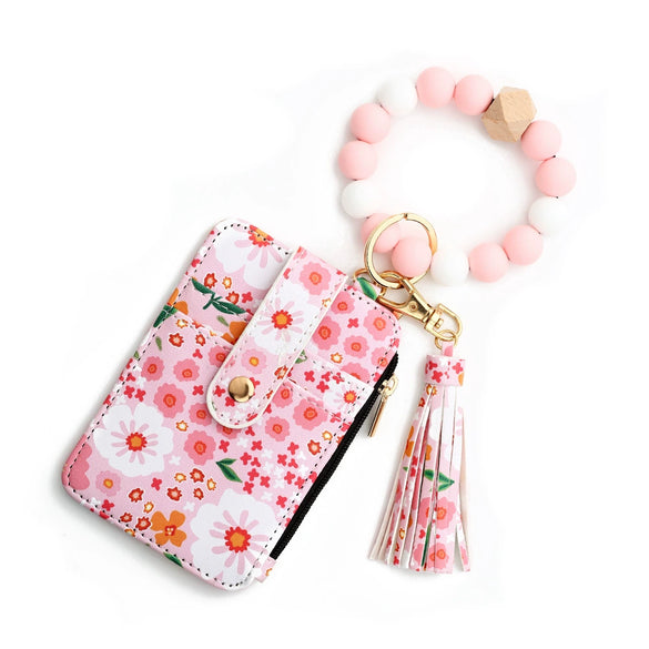Silicone Id Bag Folding Card Bag Leather Wallet Keychain With Floral Pattern Modern Simplicity Style