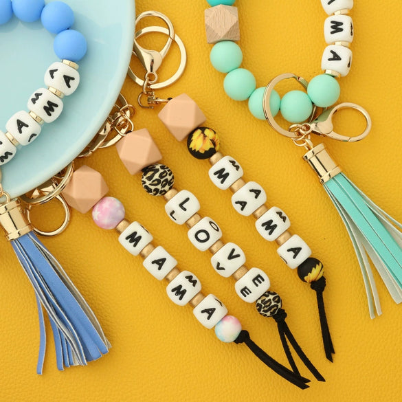 Silicone Keychain Bracelet Bag Pendant Round Wood Beads Modern And Minimalist Style