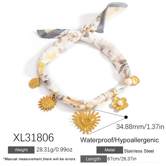Silk Scarf Necklace Stainless Steel Heart And Flower Pendant Electroplating