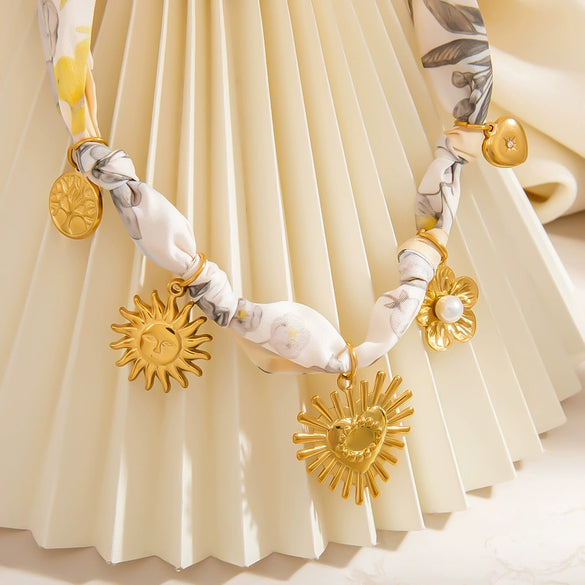 Silk Scarf Necklace Stainless Steel Heart And Flower Pendant Electroplating