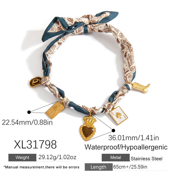 Silk Scarf Necklace Stainless Steel Heart Geometric Pendant Electroplated Unisex Accessory