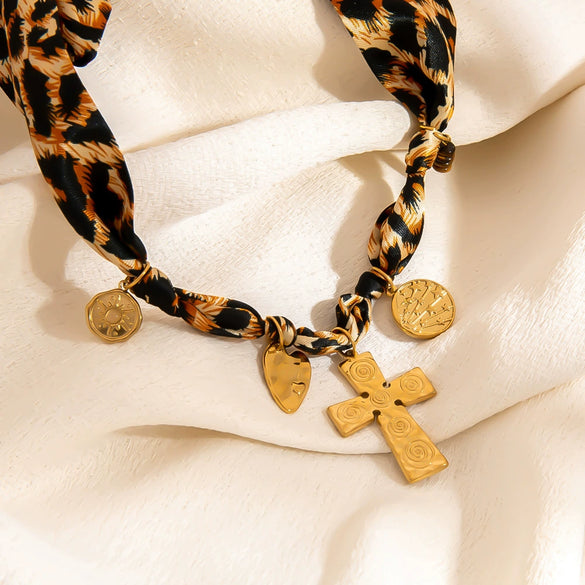 Silk Scarf Stainless Steel Necklace With Leopard Print Geometric And Heart Shapes Electroplating For Women