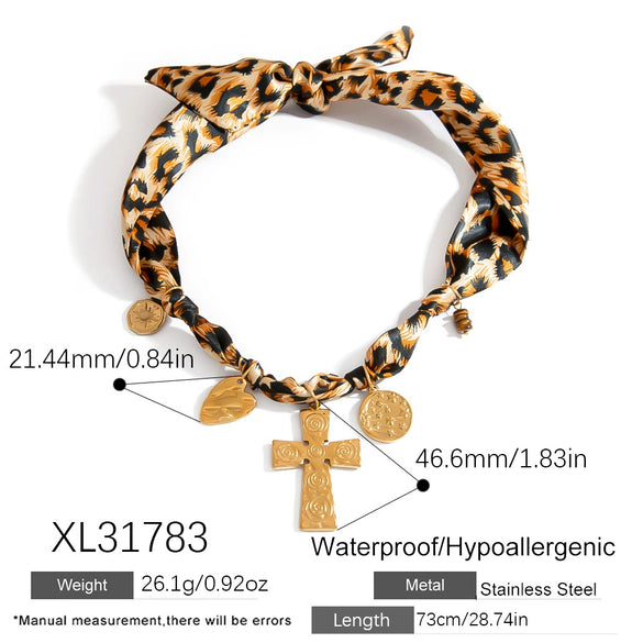 Silk Scarf Stainless Steel Necklace With Leopard Print Geometric And Heart Shapes Electroplating For Women