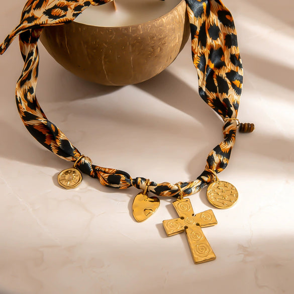 Silk Scarf Stainless Steel Necklace With Leopard Print Geometric And Heart Shapes Electroplating For Women
