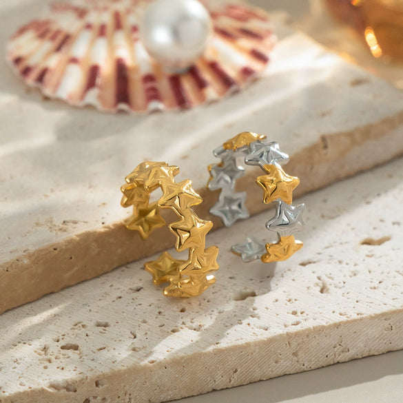 Silver And Gold Color Matched Fivepointed Star Geometric Style Ring For Women Made Of Stainless Steel With Electroplating