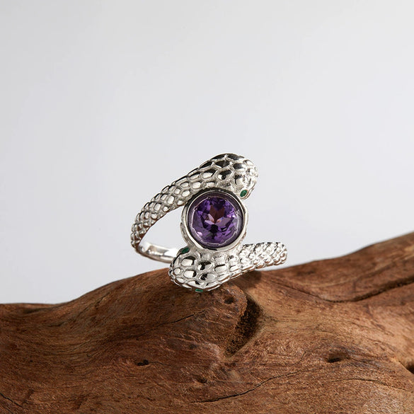 Silver Animal Zodiac Spirit Snake Ring Set With Gems