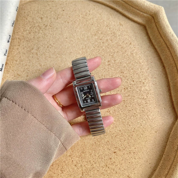 Silver Bracelet Watch Elastic Band Steel Spring Band Luminous Digital Retro Square Metal Chain Watch For Men And Women