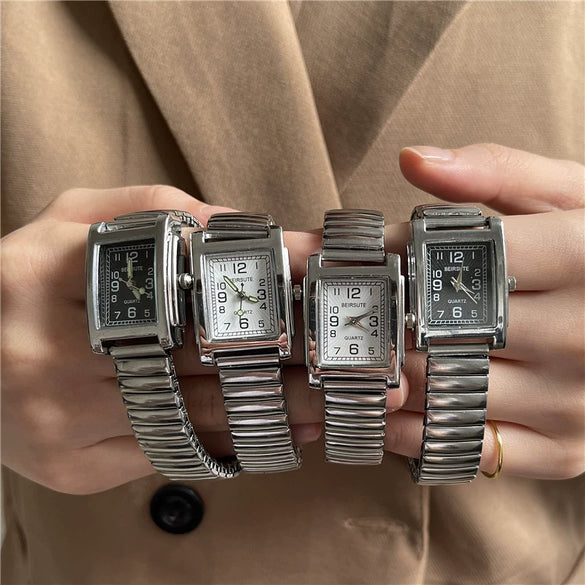 Silver Bracelet Watch Elastic Band Steel Spring Band Luminous Digital Retro Square Metal Chain Watch For Men And Women