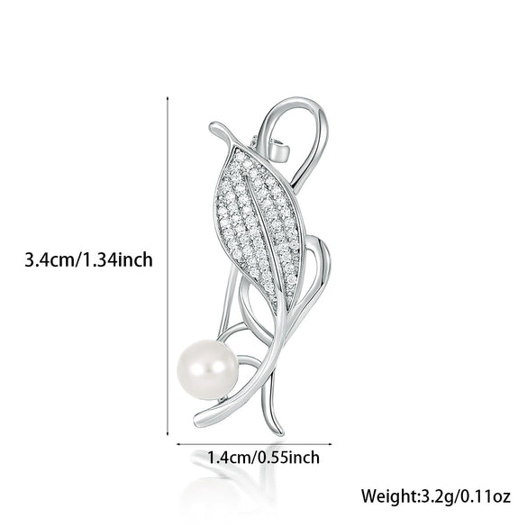 Silver Brooch With Zircon And Leaf Pattern Set With Pearls Unisex Jewelry