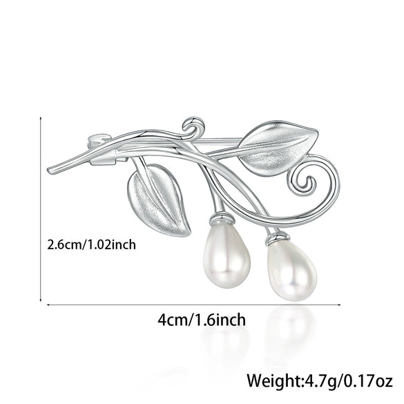 Silver Brooch With Zircon And Leaf Pattern Set With Pearls Unisex Jewelry