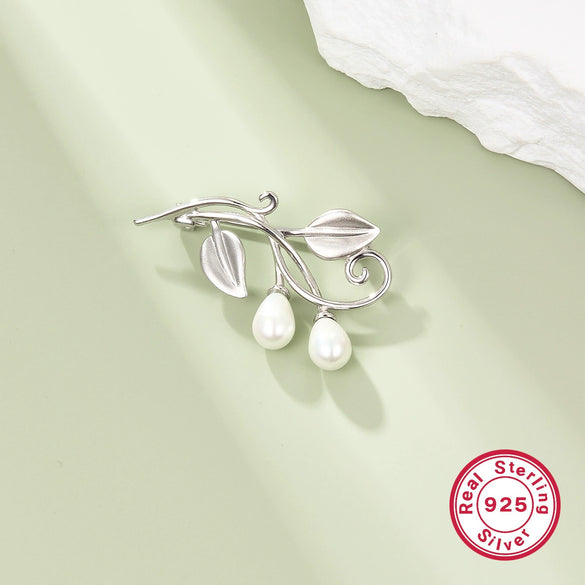 Silver Brooch With Zircon And Leaf Pattern Set With Pearls Unisex Jewelry